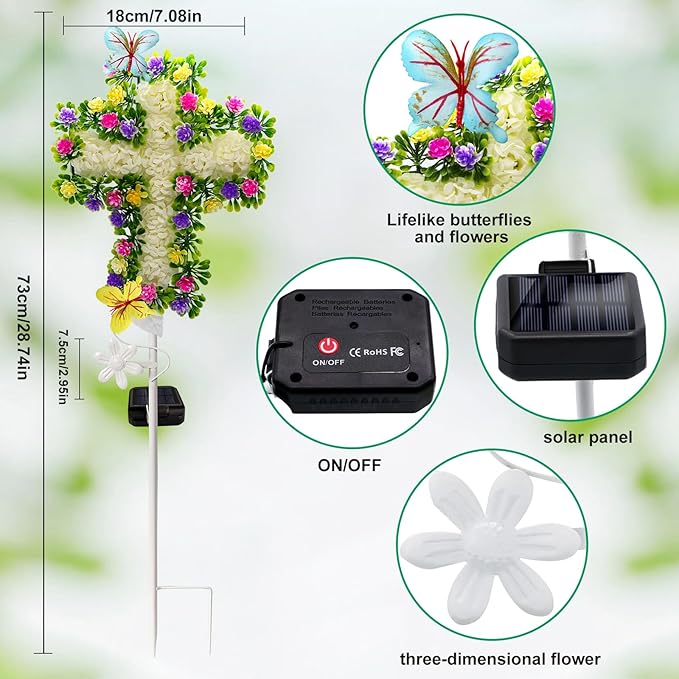 YJFWAL 1 Pack Solar Flowers Cross Garden Stake Lights, Yard Solar Lights Cemetery Decorations For Grave Outdoor Light Jesus Cross Sympathy Memorial Gift For Grandma, Garden Lawn Patio Pathway Deco