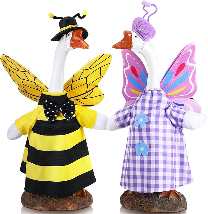 Frienda 2 Set Porch Goose Outfits Clothes 23 Inch Garden Raincoat Flag Bee Fishing Style Goose Costume for Lawn Patio Valentine's Day Decor