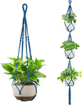 USLAI Macrame Plant Hanger Indoor Outdoor, Up to 4-15 inch Pot, Heavy 20lb Planters, Extra Long Strong Hanging Planter Basket Holder, Boho Home Decor, 35+72 Inch, Blue (POTS NOT Included)