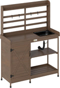 Outsunny Outdoor Wooden Potting Bench Table with Sink and Water Tap, Garden Workstation with Storage Cabinet, Storage Shelves for Backyard, Patio, Balcony, Dark Brown