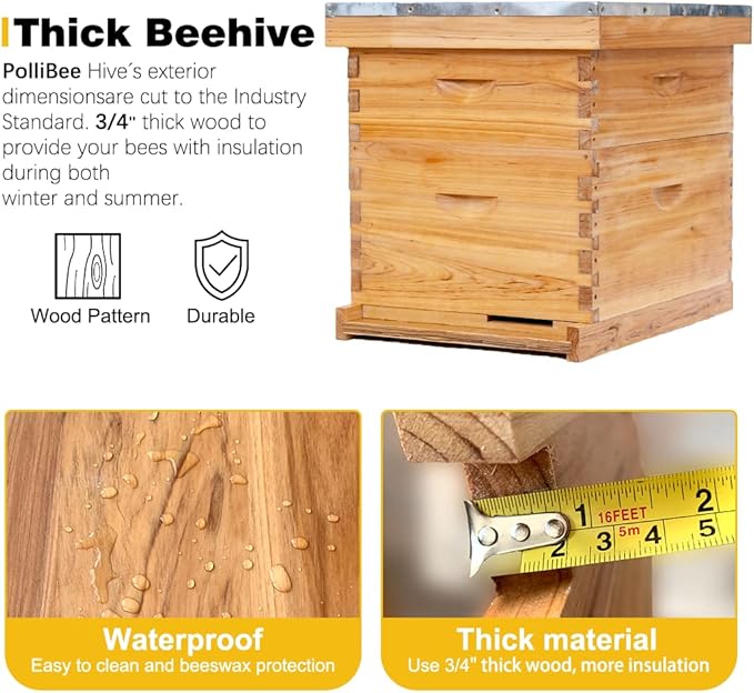 POLLIBEE 10 Frame Bee Hive,Beeswax Coated Beehive Kit for Bee Keeper,Complete Beehive Include 1 Deep Brood Bee Box and 1 Medium Bee Hive Box with Frame and Foundation