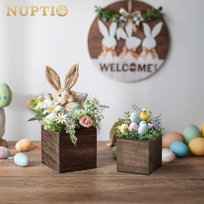 NUPTIO Wooden Box for Centerpiece Wedding: 6 Pcs Rustic Square Planter Box for Christmas Centerpiece Table Fall Decorations - 4×4" & 5×5" Small Wood Vases Flower Pots for Windowsill Home Garden Decor