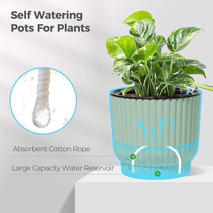 T4U 7 Inch Self Watering Pots for Indoor Plants, 4 Pack Green Plastic Flower Pots for All House Plants, Flowers, African Violets