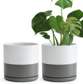 D'vine Dev Set of 2 Plants Pots, 8 Inch Ceramic Planter Pot for Plants with Drainage Hole and Saucer, White/Speckled Grey, 94-V-D-6