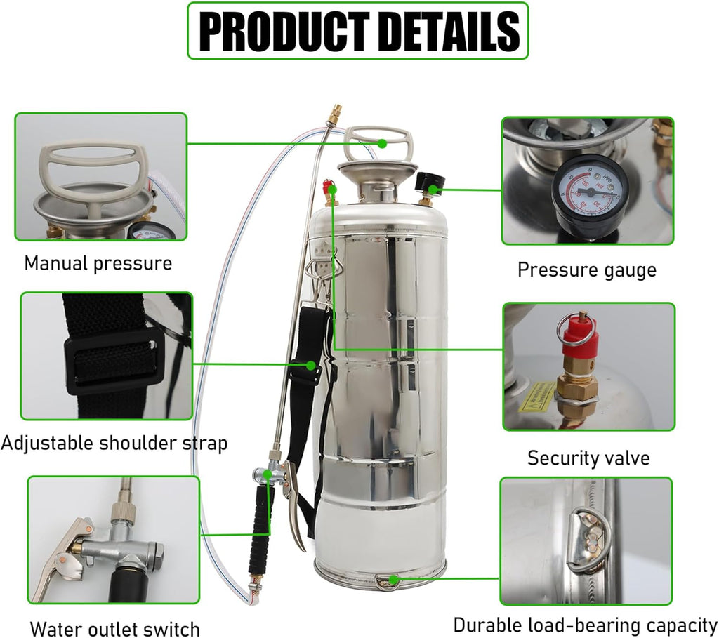 3 Gallon Stainless Steel Sprayer Hand Pump Sprayer with Pressure Gauge Safety Valve Adjustable Nozzle for Gardening Lawn and Cleaning