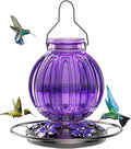 Glass Hummingbird Feeder for Outdoors Hanging, Bird Nectar Feeder with Perch & 5 Flower Feeding Ports, 26 Oz Leak Proof for Outside Garden Decor Backyard, Gifts for Women Mom, Purple