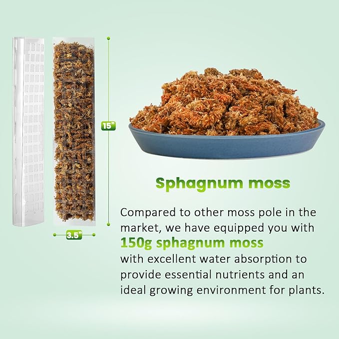 EOX 4 Pcs 15 Inch Plastic Moss Pole for Plants Monstera Set with 150g Sphagnum Moss, Plant Poles for Climbing Plants, Plant Support for Indoor Plants, Garden Ties