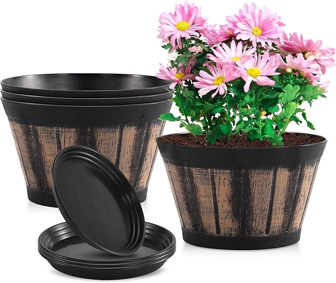Quarut 8 inch Brown Plastic Whiskey Barrel Plant Pots Set of 4 with Drainage Holes and Saucer for Indoor and Outdoor Garden Home Plants