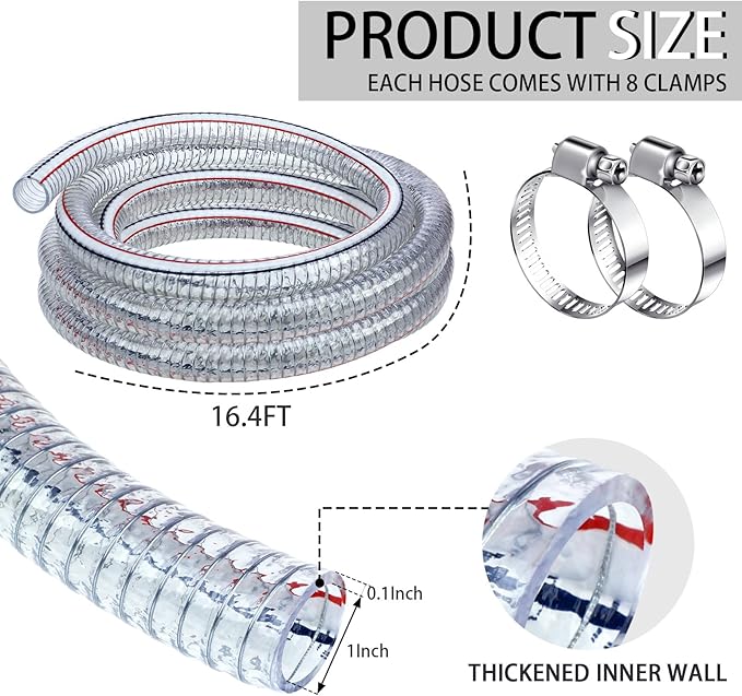 Frienda Heavy Duty Steel Wire Flexible Tubing with Fasteners PVC High Pressure Drain Hose Tube Pond Tubing Clear Wire Reinforced for Pond Bilge Pump Vacuum Suction Hose(16.4 Ft, 1 Inch Id)