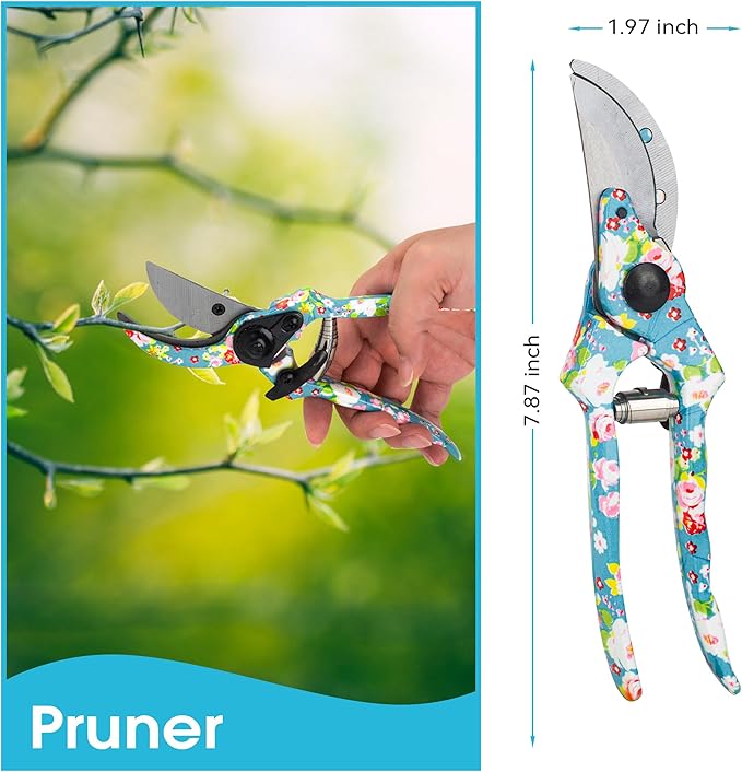 Garden Tool Set Gardening Hand Tools Kit, Floral Sturdy Garden Gifts, 4 PCS Heavy Duty Shovel Kit Including Trowel, Sharp Pruner, Hand Rake, and Mat (Blue Set)