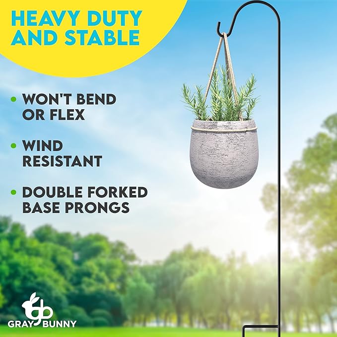 Gray Bunny Shepherds Hooks for Outdoor 35” 10 Pack, Thick Heavy Duty Bird Feeder Pole for Outside Yard, Hanging Plant Stand, Non-Hollow, Non-Adjustable, Extra Long Base Prongs for Backyard Wedding