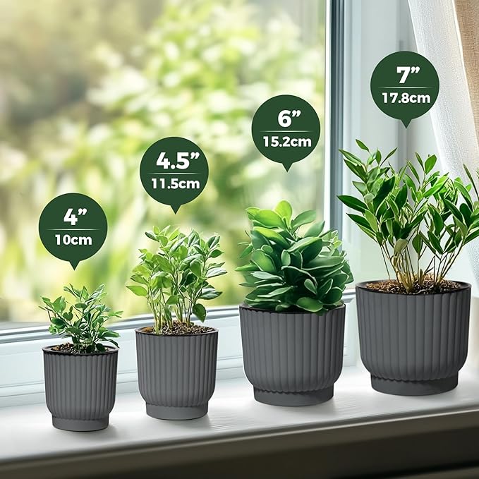 T4U 7 Inch Self Watering Pots for Indoor Plants, 4 Pack Gray Plastic Flower Pots for All House Plants, Flowers, African Violets