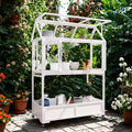 Portable Wooden Cold Frame Greenhouse with Wheels - 47" Mini Greenhouse with Adjustable Roof, Storage Box & Polycarbonate Panels - Plant Protector for Seedlings, Herbs & Winter Gardening (White)