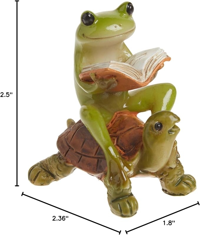 Top Collection Miniature Fairy Garden & Terrarium Frog Reading Book on Turtle Statue, Small, Green, Orange