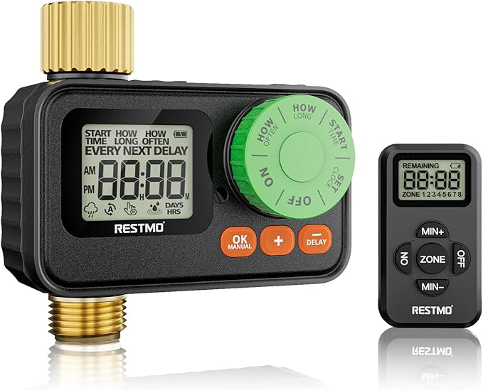 RESTMO RF Remote Controlled Sprinkler Timer with Brass Inlet & Outlet, Programmable Water Timer for Garden Hose, Automatic | Manual | Rain Delay for Outdoor Faucet, Drip Irrigation and Lawn Watering