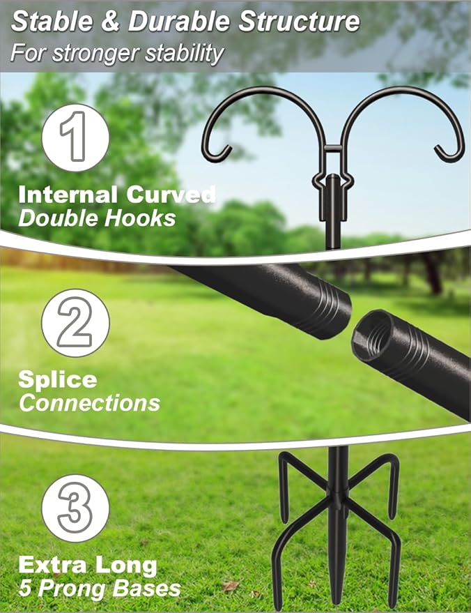 Outdoor Double Shepherds Hook with 5 Prong Base, 92 Inch Adjustable Heavy Duty Two Sided Bird Feeder Pole Stand for Hanging Plant Baskets, Solar Light Lanterns, Hummingbird Feeder, 2 Pack