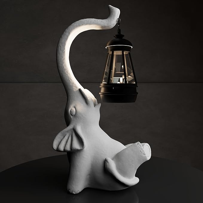 Statue Decoration, Figurine, Lawn Statue, Sculpture Ornament, Animal Figurine - Elephant Resin Statue with Lantern (Face Upward)