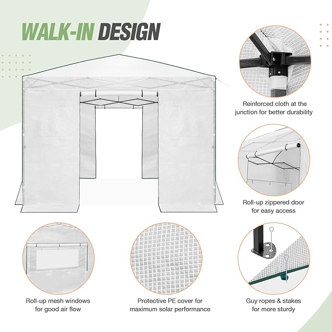 EAGLE PEAK 10x10 Portable Walk-in Greenhouse, Pop-up Indoor Outdoor Garden Green House, Zippered Doors and Windows, PE Cover, White