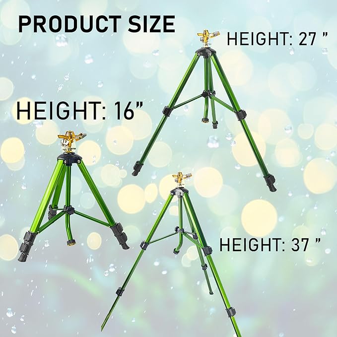 Impact Sprinkler on Tripod Base, Heavy Duty Adjustable Zinc Sprinkler Head for Lawn Yard Garden, 360 Degree Large Area Irrigation, 3/4" Connector Extension Legs Flip Locks