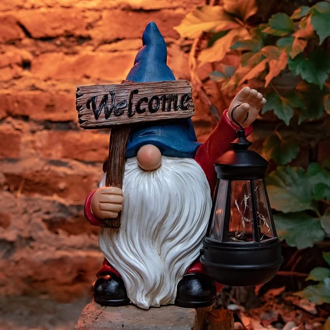 Garden Gnome Outdoor Decoration Solar Gnomes Statue with Lantern LED Lights,Terrace Courtyard Lawn Patio Porch Decoration Christmas Housewarming Gift for Woman Mom, Gnome Blue