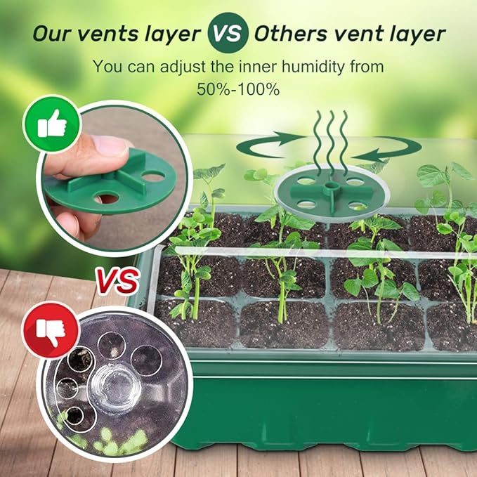 Bonviee 5-Pack Seed Starter Trays, Seed Starter Kit with Adjustable Humidity Dome and Base Indoor Greenhouse Mini Propagator for Seeds Growing Starting (12 Cells Per Tray, Green)