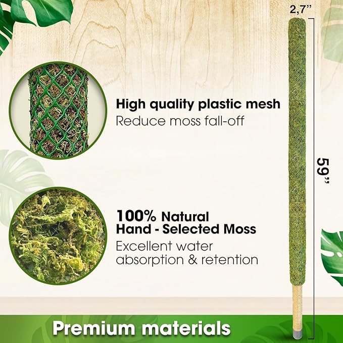 DUSPRO 59’’ Large Green Mesh Moss Pole Monstera Plant Support, Tall Plant Stakes, Moss Pole for Plants Monstera, Garden Pole, Moisture Stick for Plants (1pc., 59''), Natural