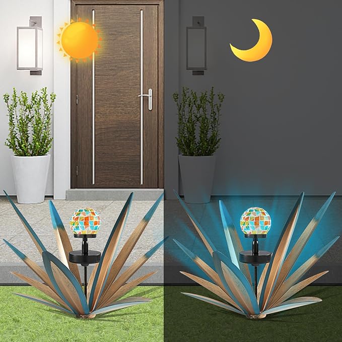 Enlarge Metal Plants Tequila Rustic Sculpture, Outdoor Patio Yard, Home Decor Hand Painted Agave Garden Statue, Outdoor Lawn Ornaments Yard Stakes for Mom Gift (2 Solar Blue)