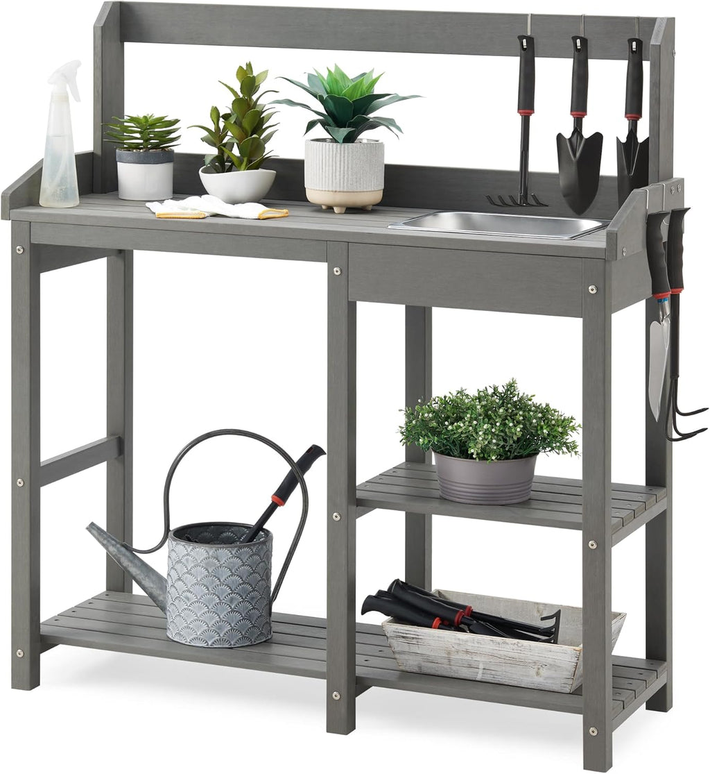Psilvam Outdoor Potting Bench with Sink for All-Weather Gardens, HDPE Potting Benches for Outside, Planting Table for Garden, Patio and Lawn (Grey)