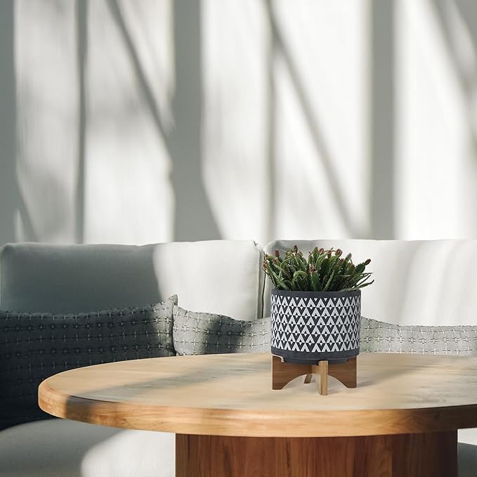 Sagebook Home 9" H 8" Diameter Dark Gray and Ivory Aztec Design Ceramic Planter with Solid Rubberwood Stand for Living Room, Bedroom, or Office