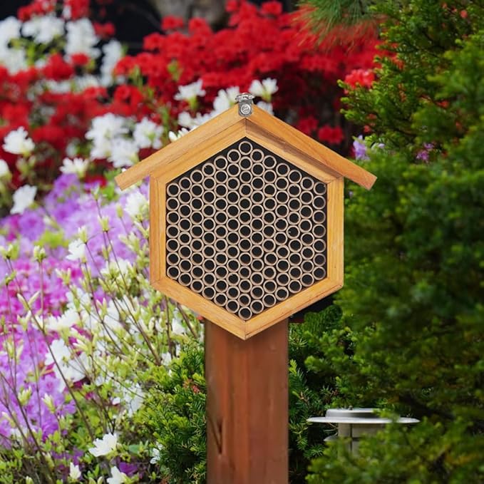 Mason Bee House Wax Coated Bee Hotel, Pollinator House Waterproof, Natural Handmade Wooden Mason Bee Hotel for Pollinating Bees Garden Supplies