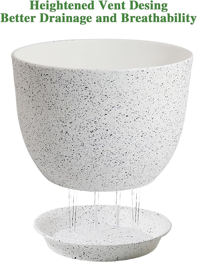 12/10/9 Large Modern Plant Pots, Plastic Planters with Drainage Holes and Saucers for Indoor Outdoor Plants Flowers, White Speckles