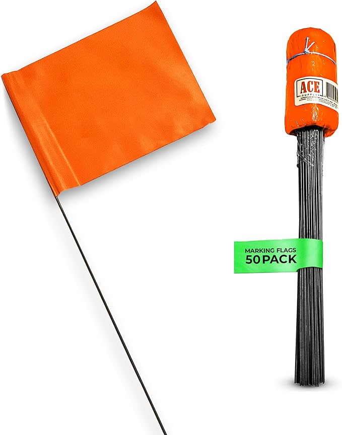 Fluorescent Orange Yard Marking Flags - 4x5x15 Inch Marker Flags - 50 Pack - Markers For Lawn, Irrigation, Landscaping, Survey & Sprinkler Head Marking