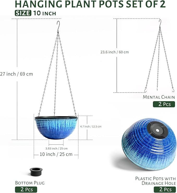 10in Hanging Planters for Indoor and Outdoor Plants, 2 Pack Hanging Planter with Drainage Hole, Round Hanging Flower Pots for Garden Home Decor (Blue Glaze)
