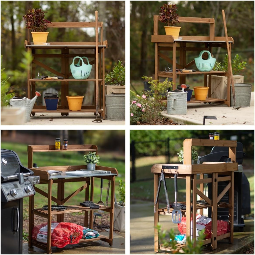 Folding Garden Potting Bench Table，Outdoor Wooden Work Station W/Metal Table Top,2 Tier Open Storage Rack,Top Shelf-Natural Stained