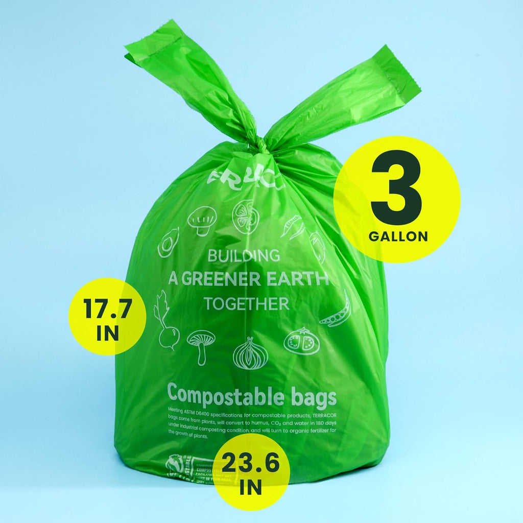 Compost Bags, 3 Gallon Compostable Food Scrap Bags Handle Tie,200 Count (Pack of 2),Certified by BPI and ASTM D6400