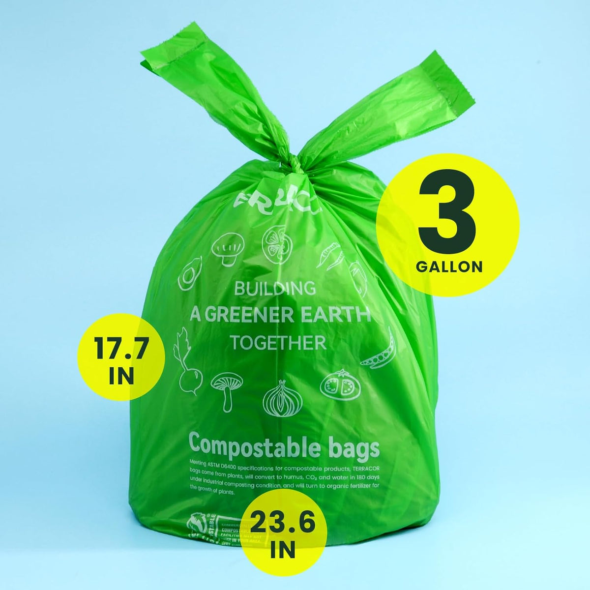 Compost Bags, 3 Gallon Compostable Food Scrap Bags Handle Tie,200 Count (Pack of 2),Certified by BPI and ASTM D6400