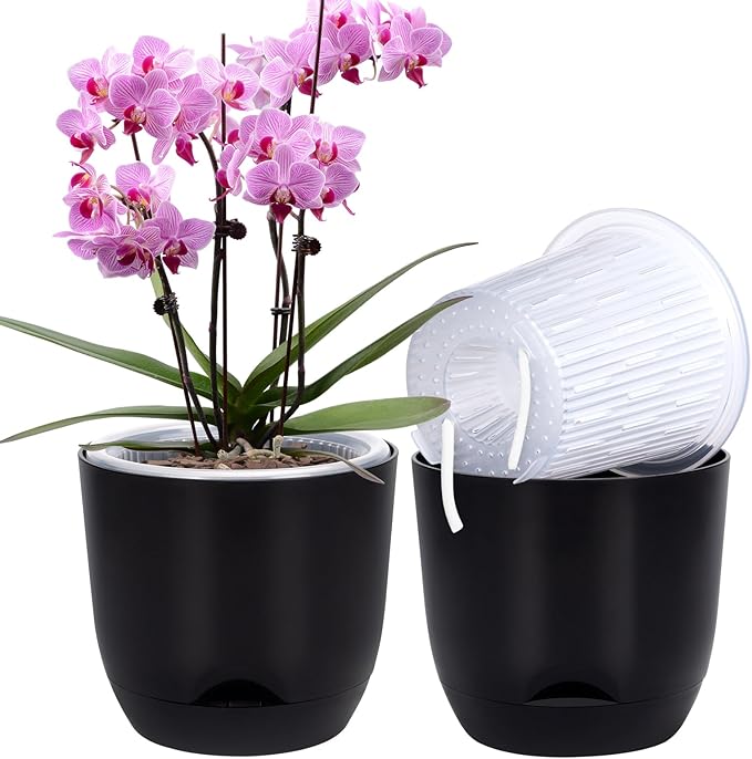 QCQHDU 2 Pack Orchid Pots with Holes for Repotting, Double-Layer and Self Watering Orchid Pot with Good Air Circulation