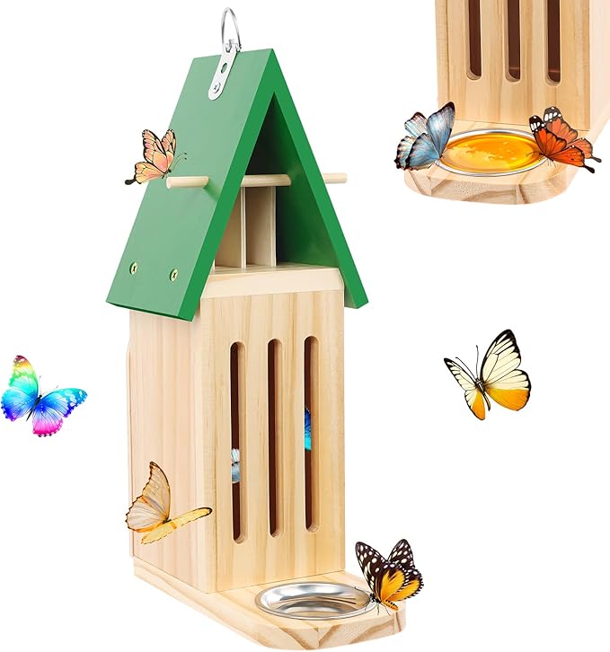 Butterfly House and Feeder for Outside, Wooden Butterfly House for Garden, Natural Butterfly Habitat with Butterfly Puddler on The Floor or Hanging on Tree Wall