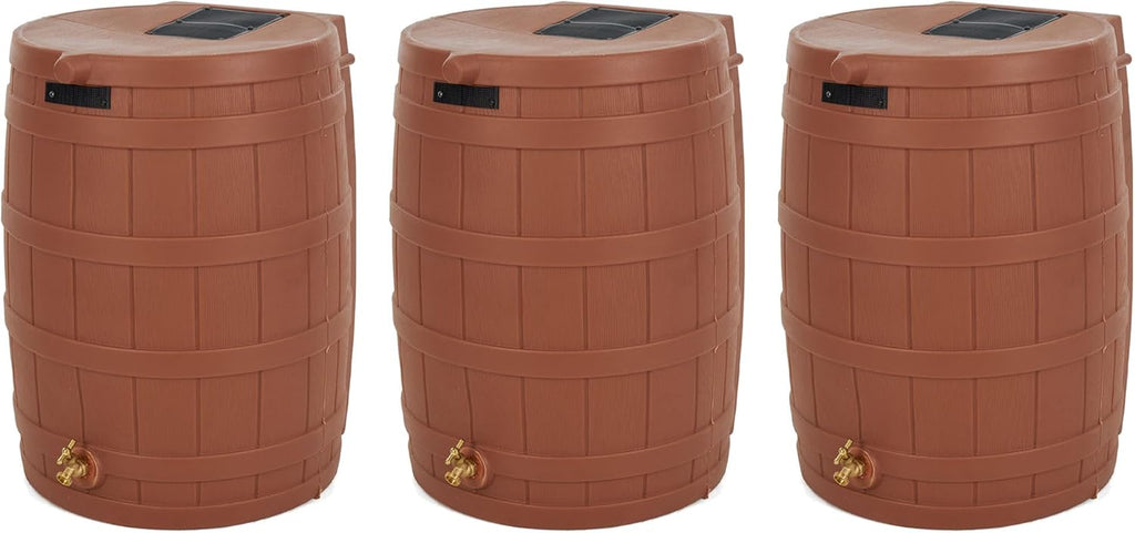 Good Ideas Rain Wizard 50 Gallon Plastic Outdoor Home Rain Barrel Water Storage Collector with Brass Spigot and Flat Back Design, Terra Cotta (3 Pack)