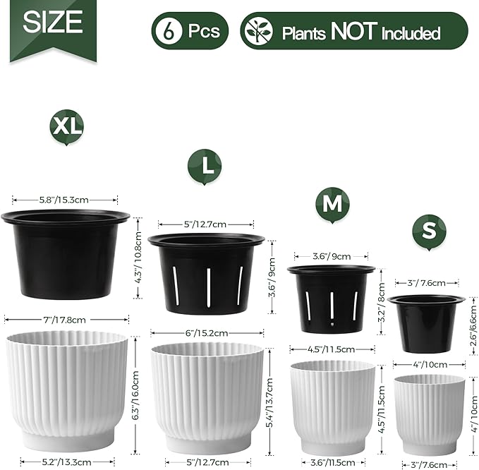 T4U 7 Inch Self Watering Pots for Indoor Plants, 4 Pack White Plastic Flower Pots for All House Plants, Flowers, African Violets