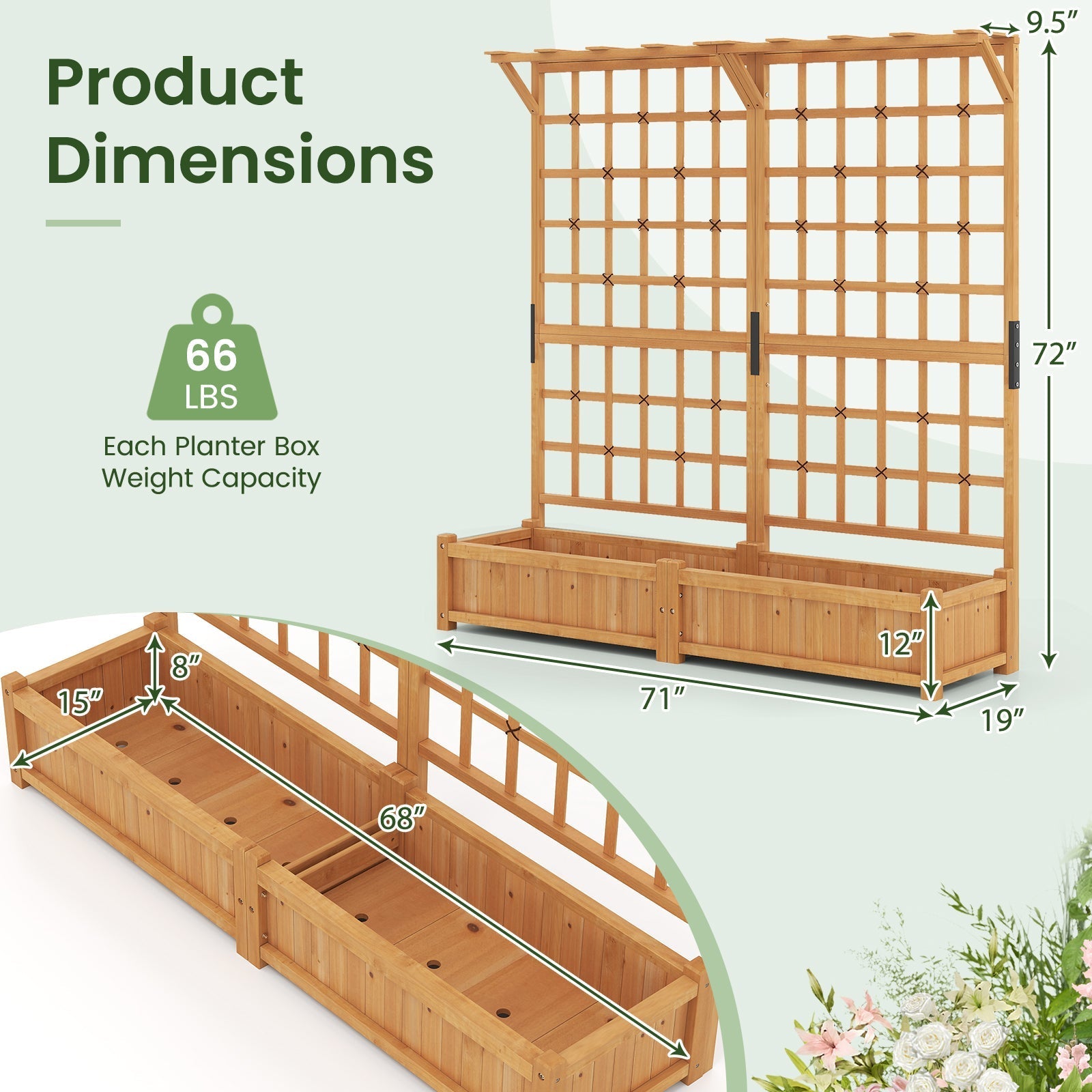 71 Inches Large Wooden Planter Container with Trellis and Hanging Roof-Orange
