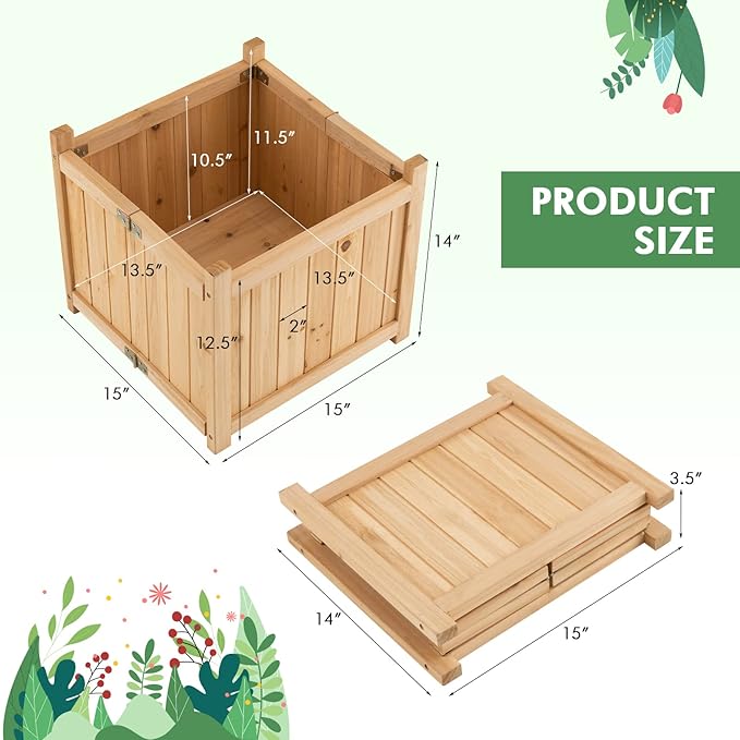 COSTWAY Planter Garden Bed, Folding Planter Box with Drainage Holes for Vegetables, Herbs, Fruits & Flowers, Outdoor Indoor Raised Planting Bed for Patio, Backyard, Lawn, 15" L x 15" W x 14" H