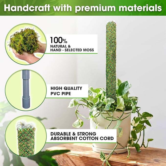 DUSPRO Self-Watering Natural Green Forest Moss Pole, Easy to Use Moss Sticks for Indoor Plants, Climbing Plant Support Stake with Self-Watering Feature, Moss Pole Monstera Plant Support 2pcs 23''