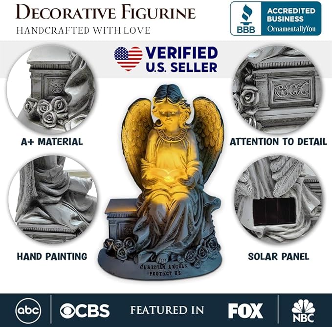 Spring & Summer-Themed Garden Statues – Adorable Outdoor Decor for Lawn, Patio & Porch (Guardian Angel Reading Book Garden Statue, 10" Solar Powered Angelic Outdoor Figurine)