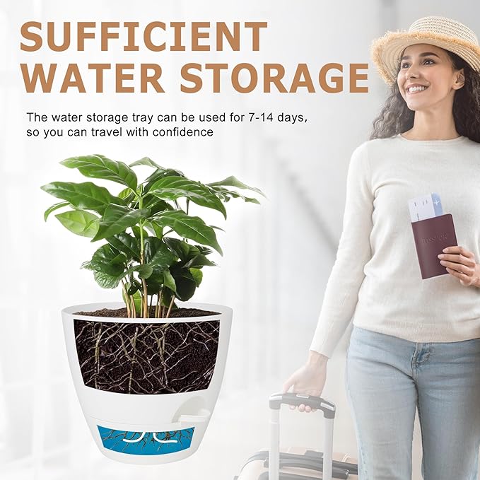 Plant Pots 10/9/8/7.5/7 Inch Self Watering Pots, Set of 5 Plastic Planters with Drainage Holes and Saucers,Plastic Flower Pots,Nursery Planting Pot for Indoor Out Door Plants(Pure White)