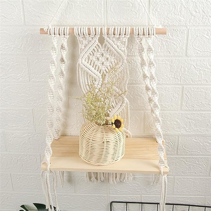 Macrame Wall Hanging Plant Decor Shelf Indoor Outdoor Floating Wood shelve Decorative Hand Made Rope Boho Shelving for Plants