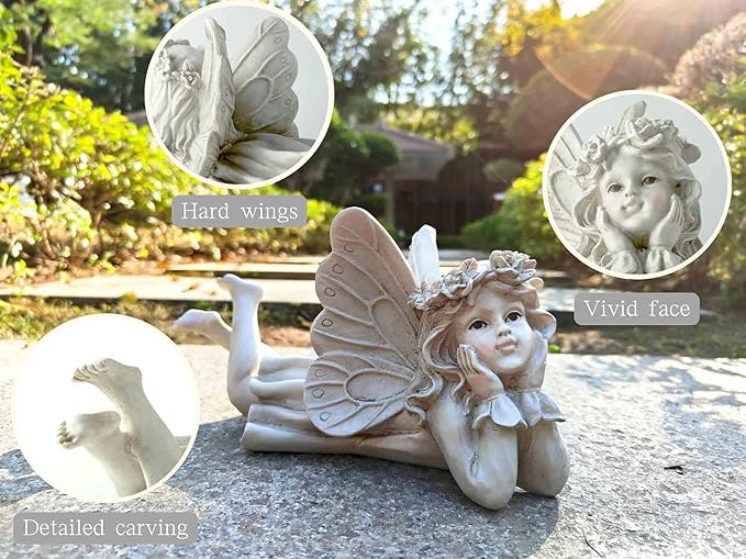 MeritMode Fairy Garden Figurines - Angel Statue with Butterfly and Holding Face, for Mom, Resin Outdoor Figurine for Patio & Yard, 10" Width