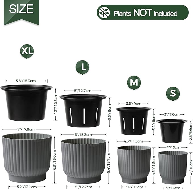T4U 7 Inch Self Watering Pots for Indoor Plants, 4 Pack Gray Plastic Flower Pots for All House Plants, Flowers, African Violets