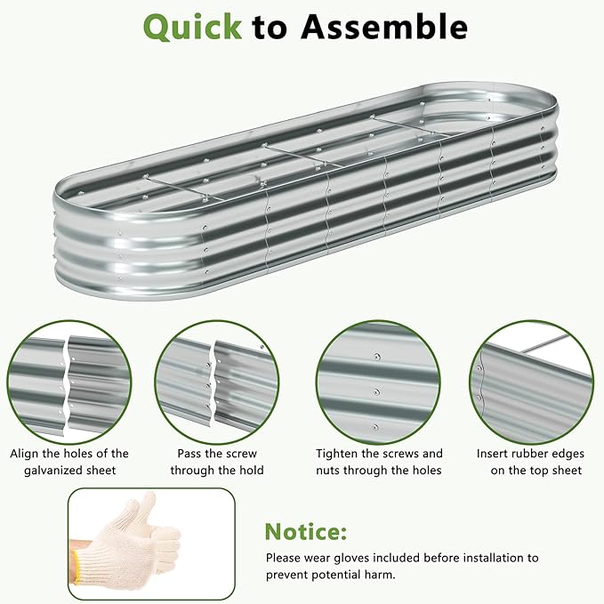 zizin Galvanized Raised Garden Bed Metal Oval Raised Garden Beds Outdoor Planter Box for Vegetables (8x2x1.3FT, Silver)