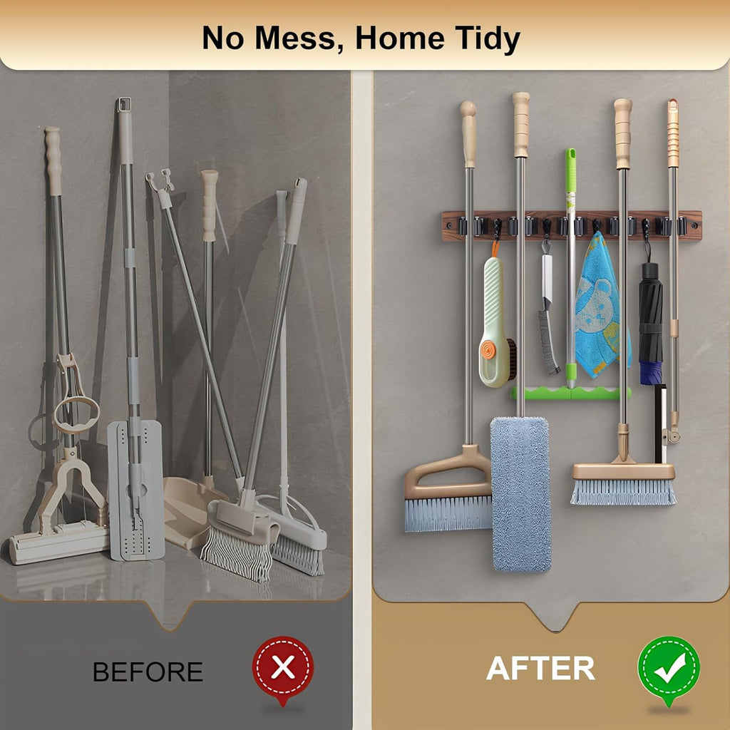 Broom Holder Wall Mount With 5 Slots & 4 Hooks，Rustic Wood Broom & Mop Hanger，Wall Mounted Garden & Garage Tool Storage Organizer Rack for Closet Laundry Room or Kitchen Wall Decor